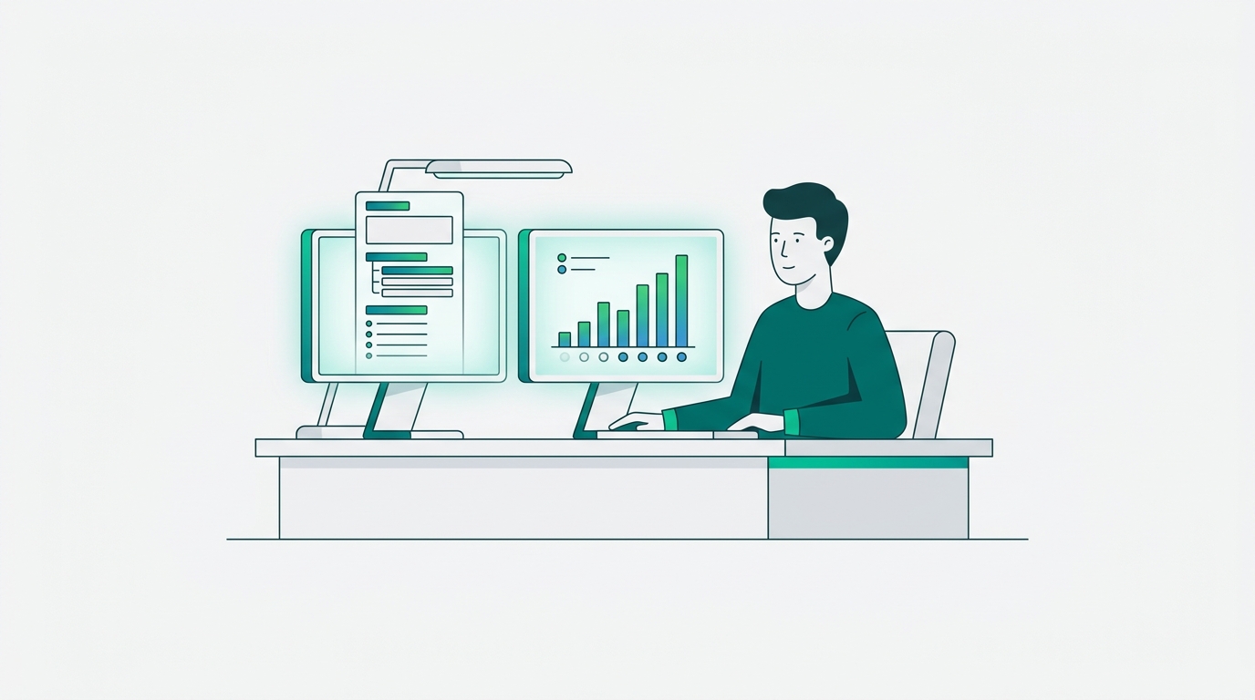 A solo founder at a minimal two-monitor desk reviews a structured content outline alongside SERP ranking data in a clean flat illustration.