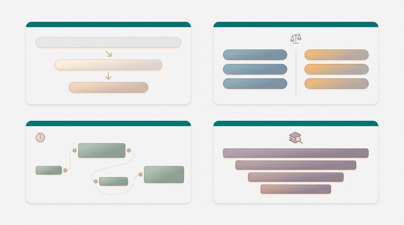 A 2x2 grid of four abstract content format cards, each with distinct structural slot patterns representing different SaaS blog post types.