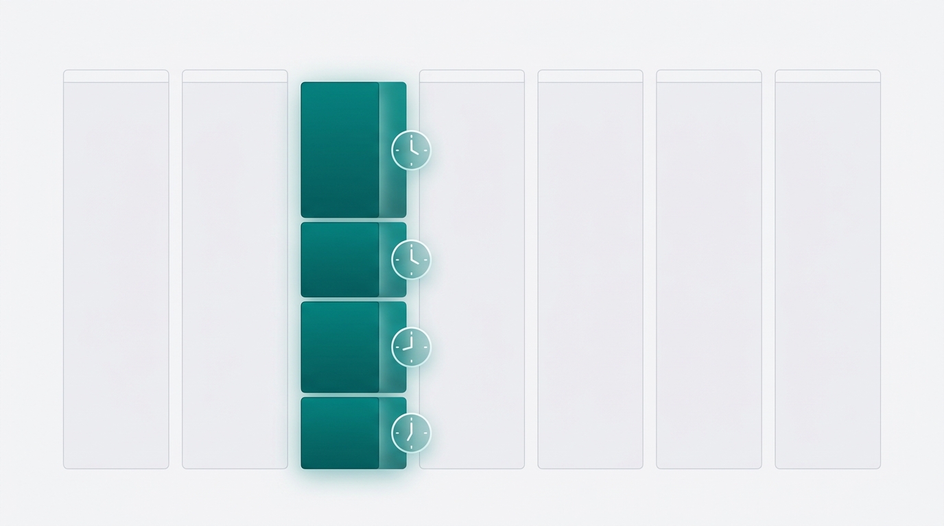 A weekly calendar grid with one highlighted day column divided into four stacked timed phases, representing a structured 60-minute weekly content publishing ritual.