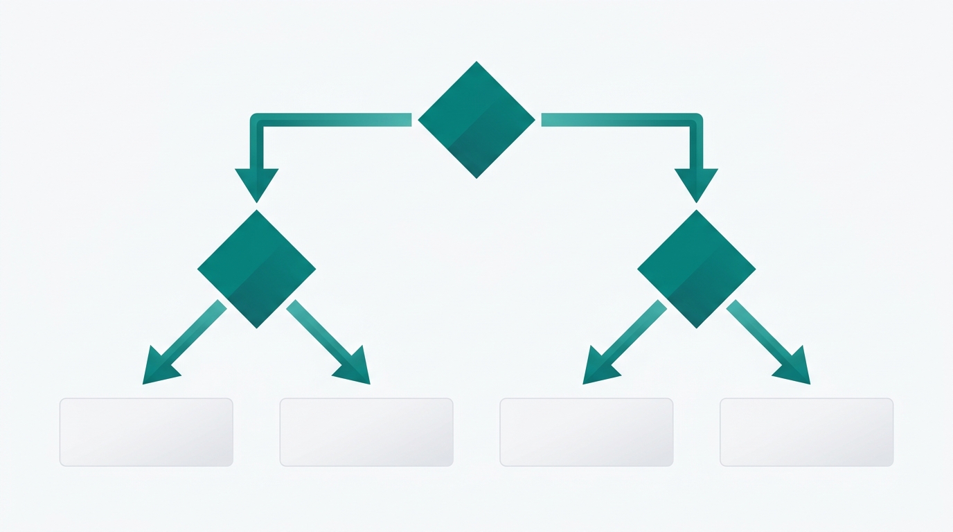 A flat editorial illustration of a four-branch decision tree flowchart with teal diamond nodes and light rectangular outcome boxes connected by directional arrows.