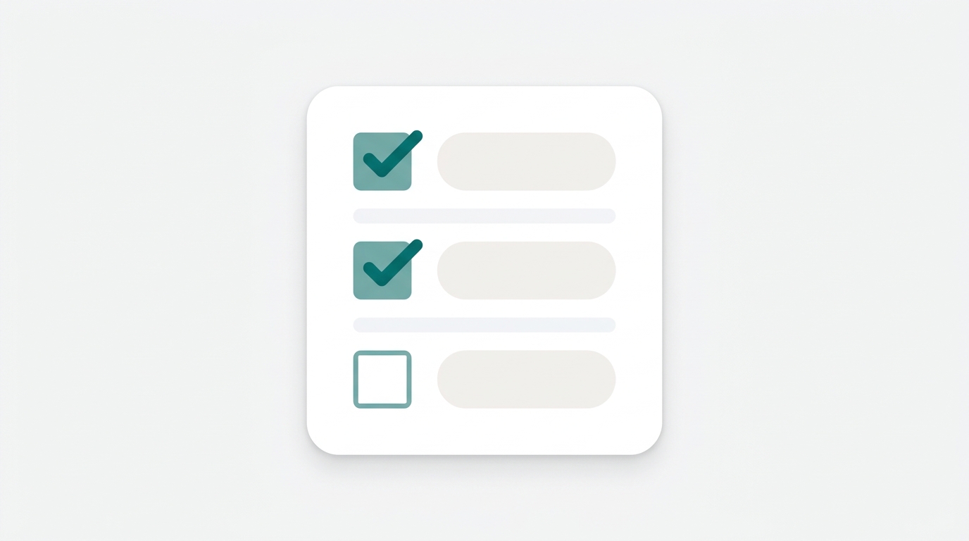 A flat editorial illustration of a vertical governance checklist card with teal checkmarks and placeholder pill shapes representing pre-publish content steps.
