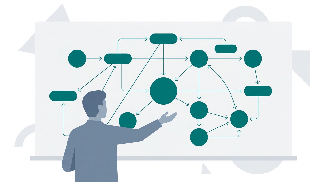 A flat editorial illustration of a content strategist mapping interconnected keyword cluster nodes and URL path arrows on a large whiteboard.