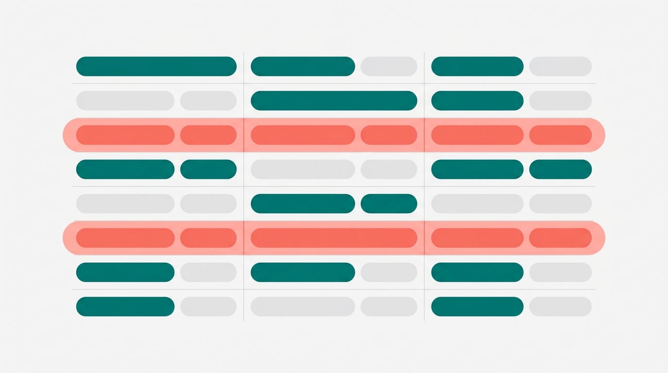 A flat editorial illustration of a structured grid of geometric rows with two highlighted conflict rows in a keyword-to-URL mapping layout.