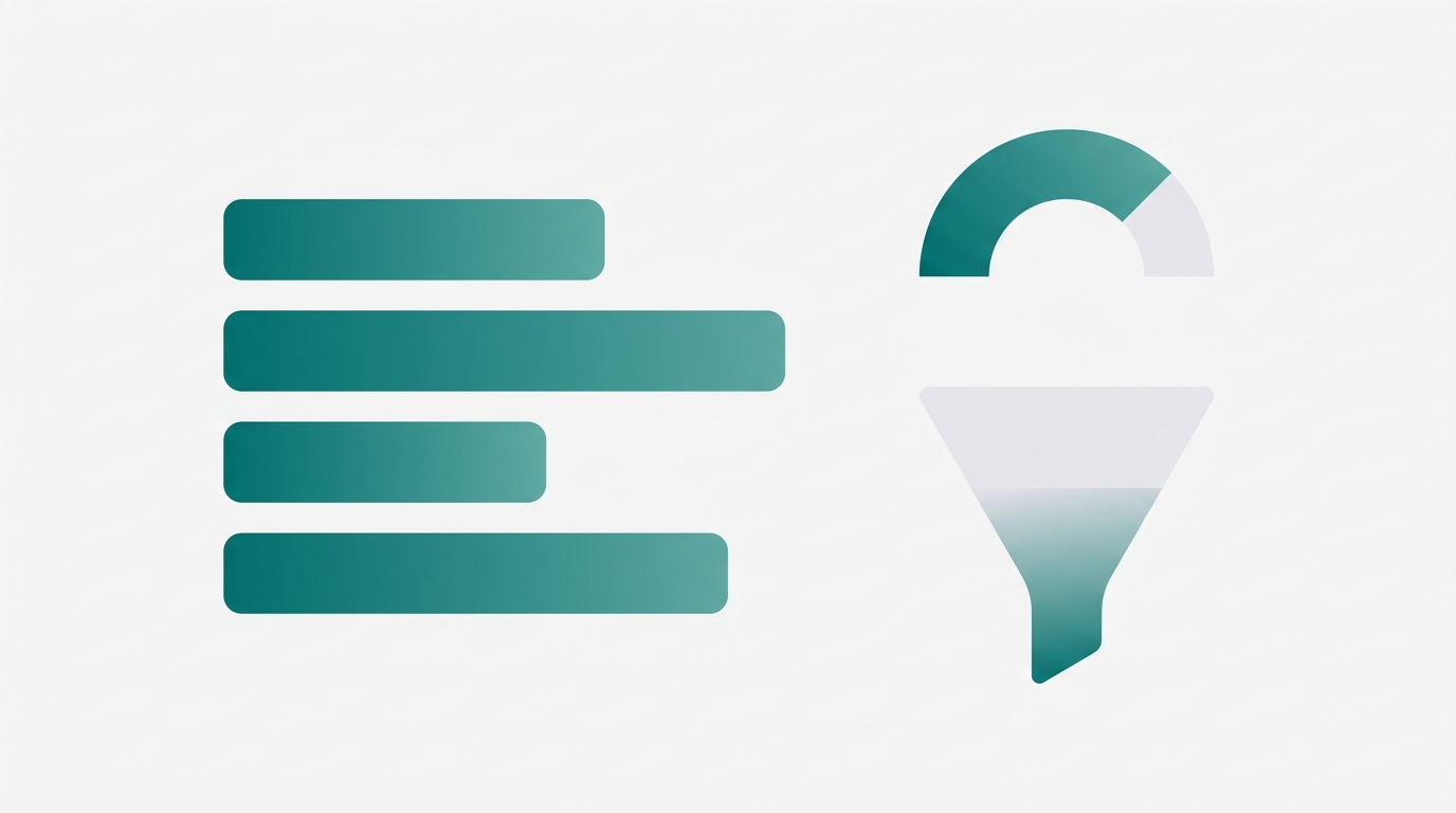 Abstract floating geometric chart shapes including bar graphs, a gauge arc, and a scroll-depth funnel in teal and light gray, representing blog post engagement and scroll analytics.