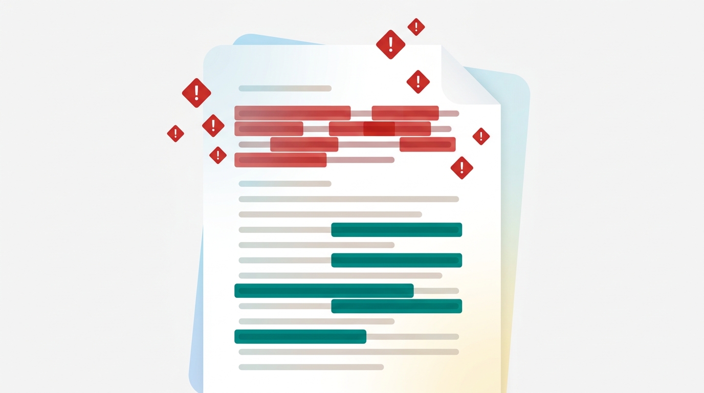 An abstract document with some line sections highlighted in red warning markers and others cleanly marked in teal, illustrating common failure patterns within a blog post introduction.