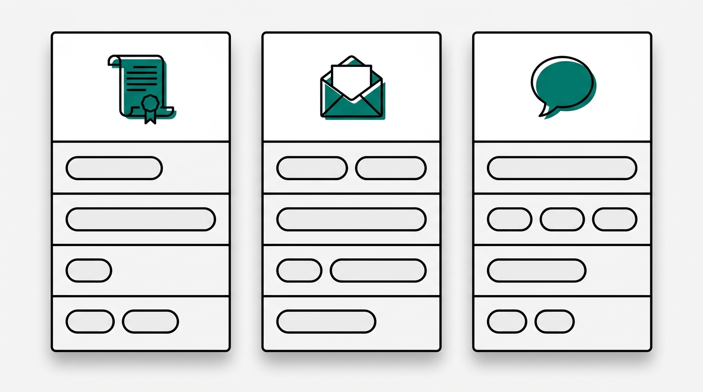 Three side-by-side columns representing blog, newsletter, and social channels, each with four rows of varying pill shapes indicating different content attributes.