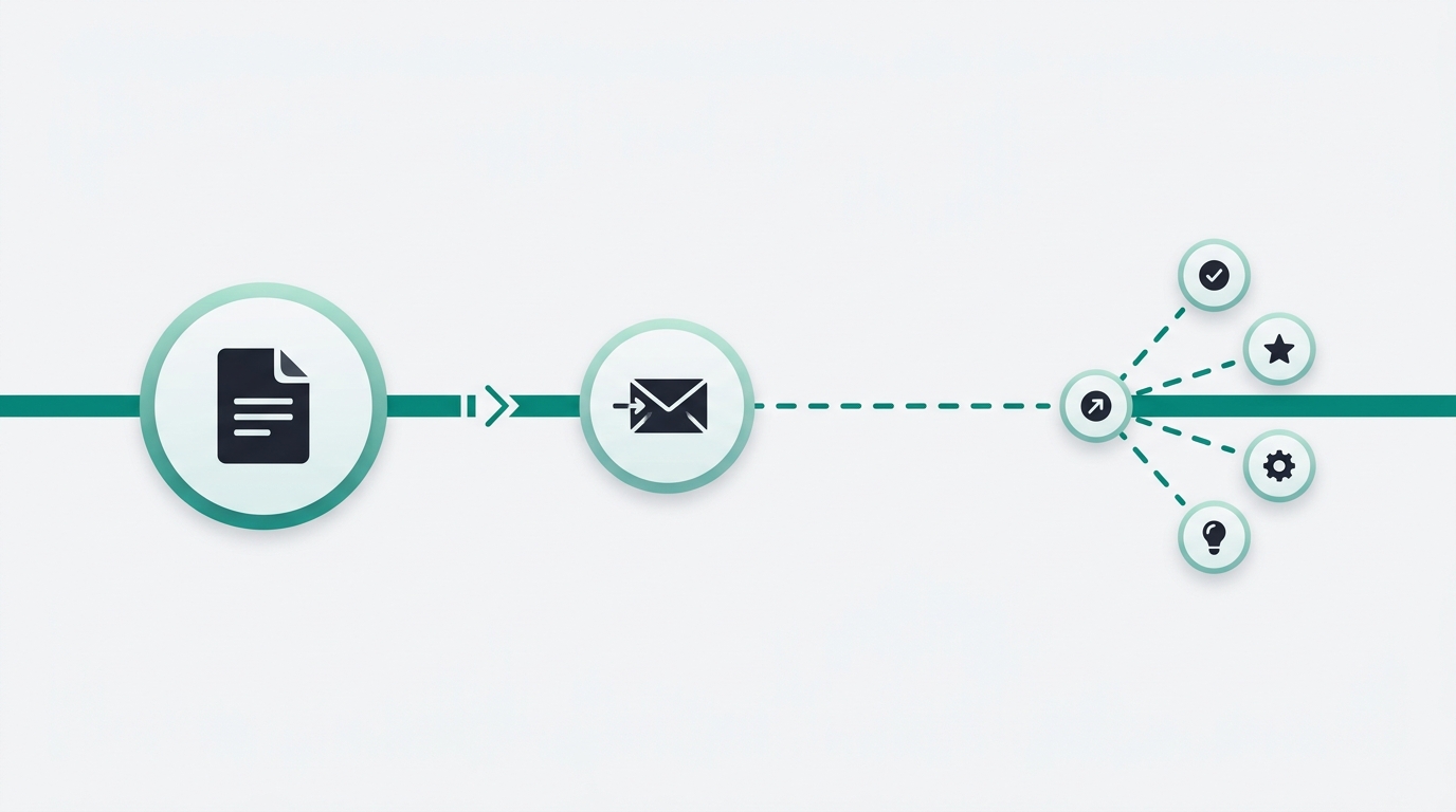 A horizontal timeline with three milestone nodes representing blog publish day, newsletter send, and a spread social sequence over several days.