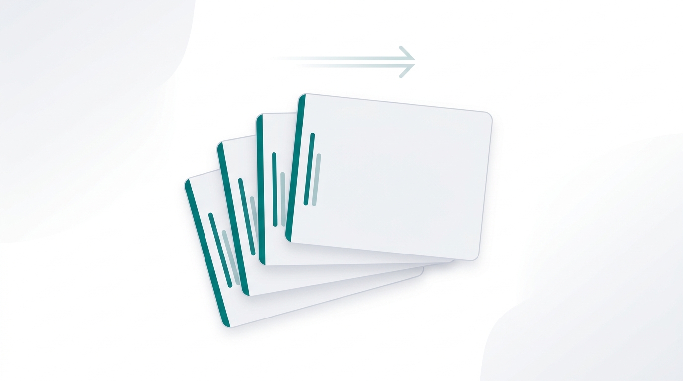 A fanned stack of document cards with teal accent lines and an export arrow representing CMS-ready markdown files with pre-filled metadata fields.