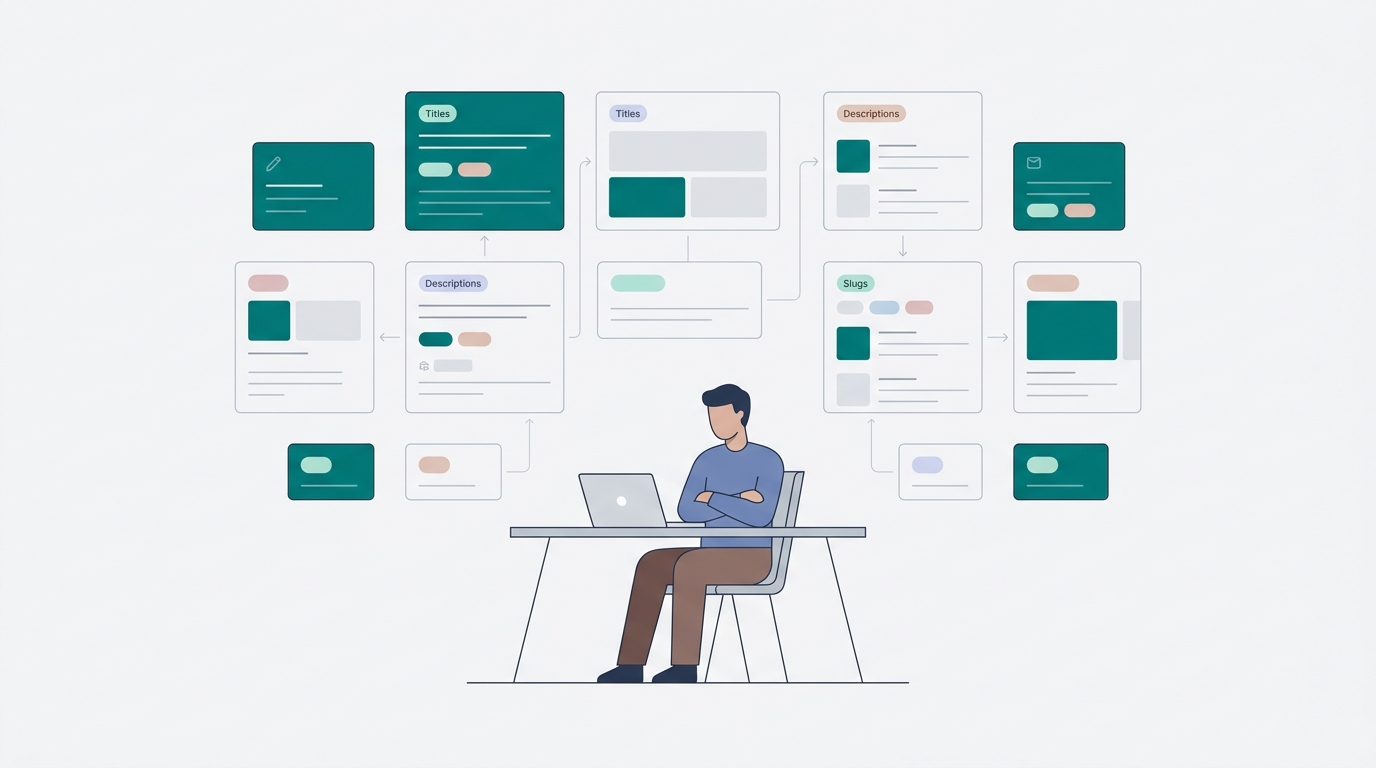 A founder at a laptop surrounded by floating structured metadata cards organized in a color-coded grid, representing a governed SEO content workflow.