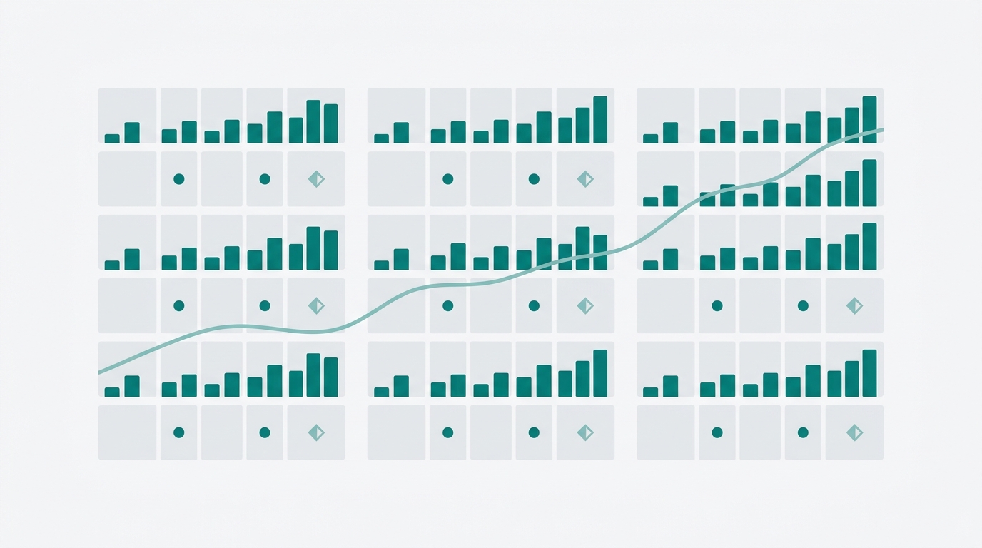 An abstract grid of data cells with teal bar indicators and status dots representing a metadata performance tracking dashboard for updated blog posts.