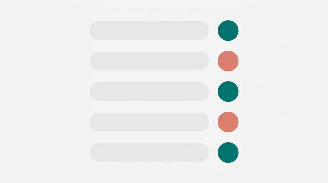 Five geometric rows with circular pass and flag status indicators representing a metadata QA checklist for a batch of blog posts.
