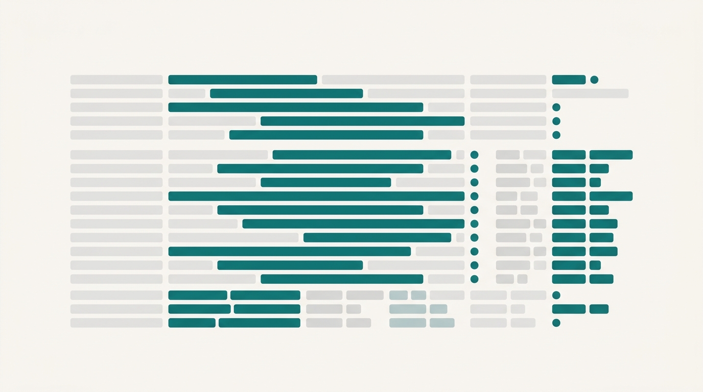 An abstract structured grid of rows and colored bars representing a SERP research brief with competitor patterns and content gap indicators.