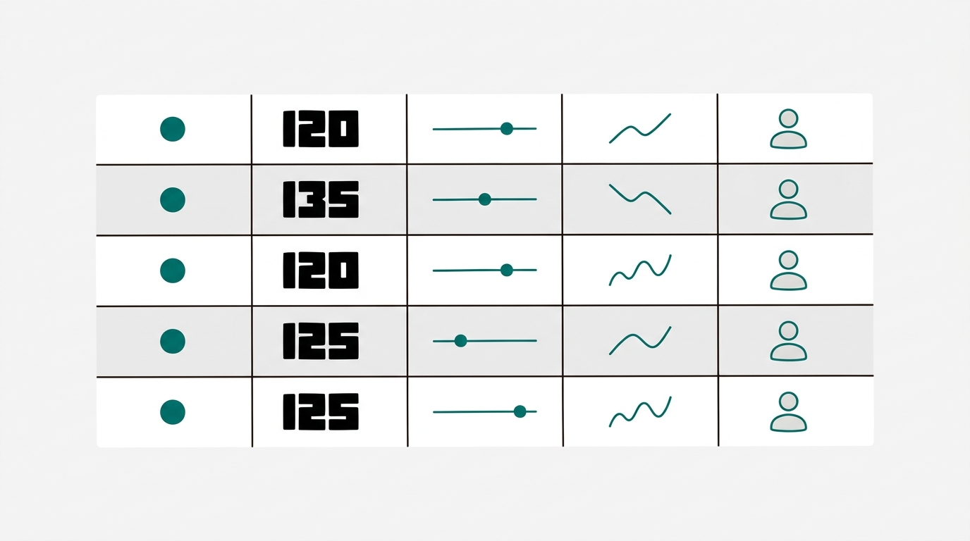 A five-row abstract dashboard table with columns showing metric placeholders, value blocks, threshold indicators, sparkline trend curves, and owner icons in a clean flat layout.