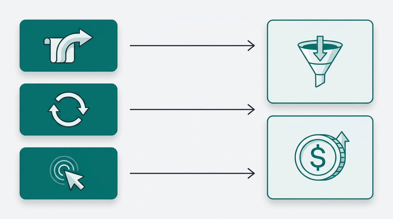 A two-column diagram with abstract icons for leading indicators on the left connected by arrows flowing into abstract lagging indicator shapes on the right.