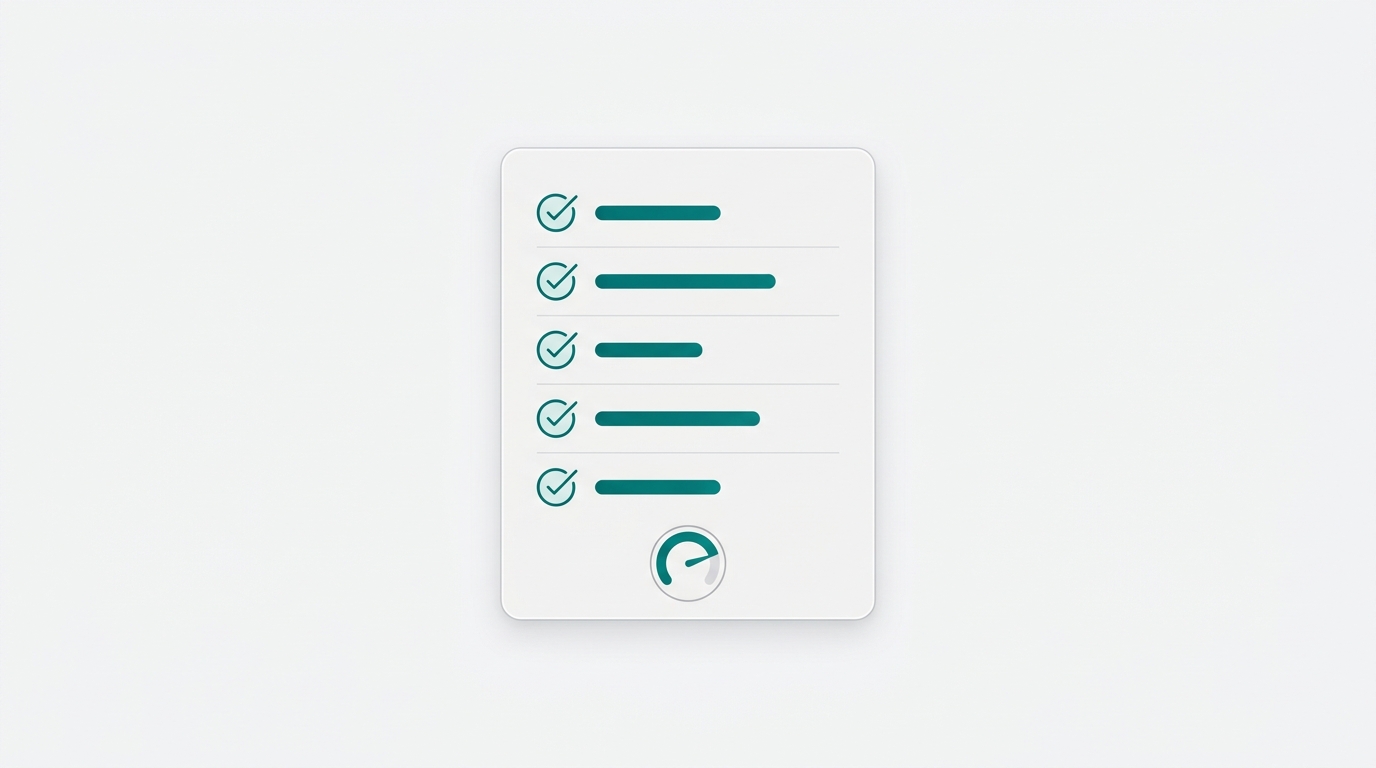 A floating checklist card with five checkmark rows and a circular quality score gauge at the bottom.