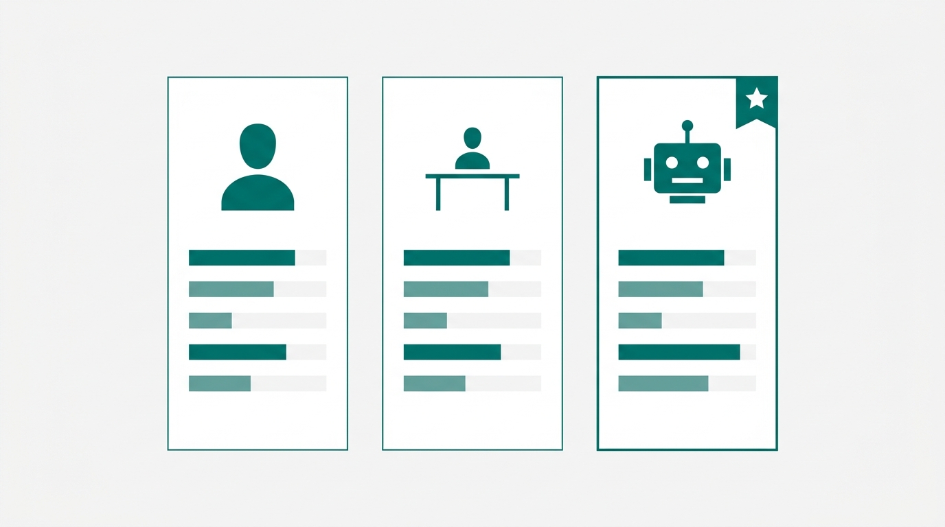 Three side-by-side comparison columns with abstract icons and metric bars contrasting a ghostwriter, content hire, and AI writing agent.