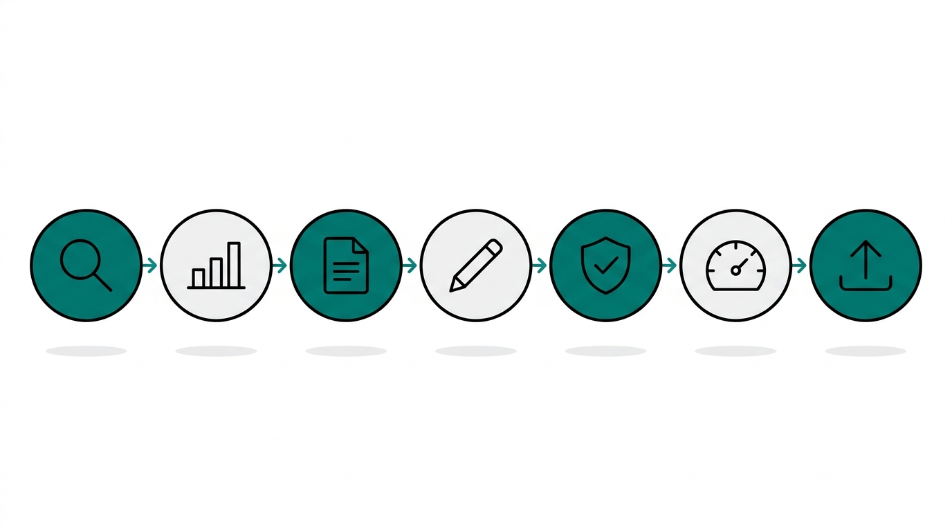 A seven-stage horizontal pipeline of connected icon nodes representing the content production workflow from ideation to publish.