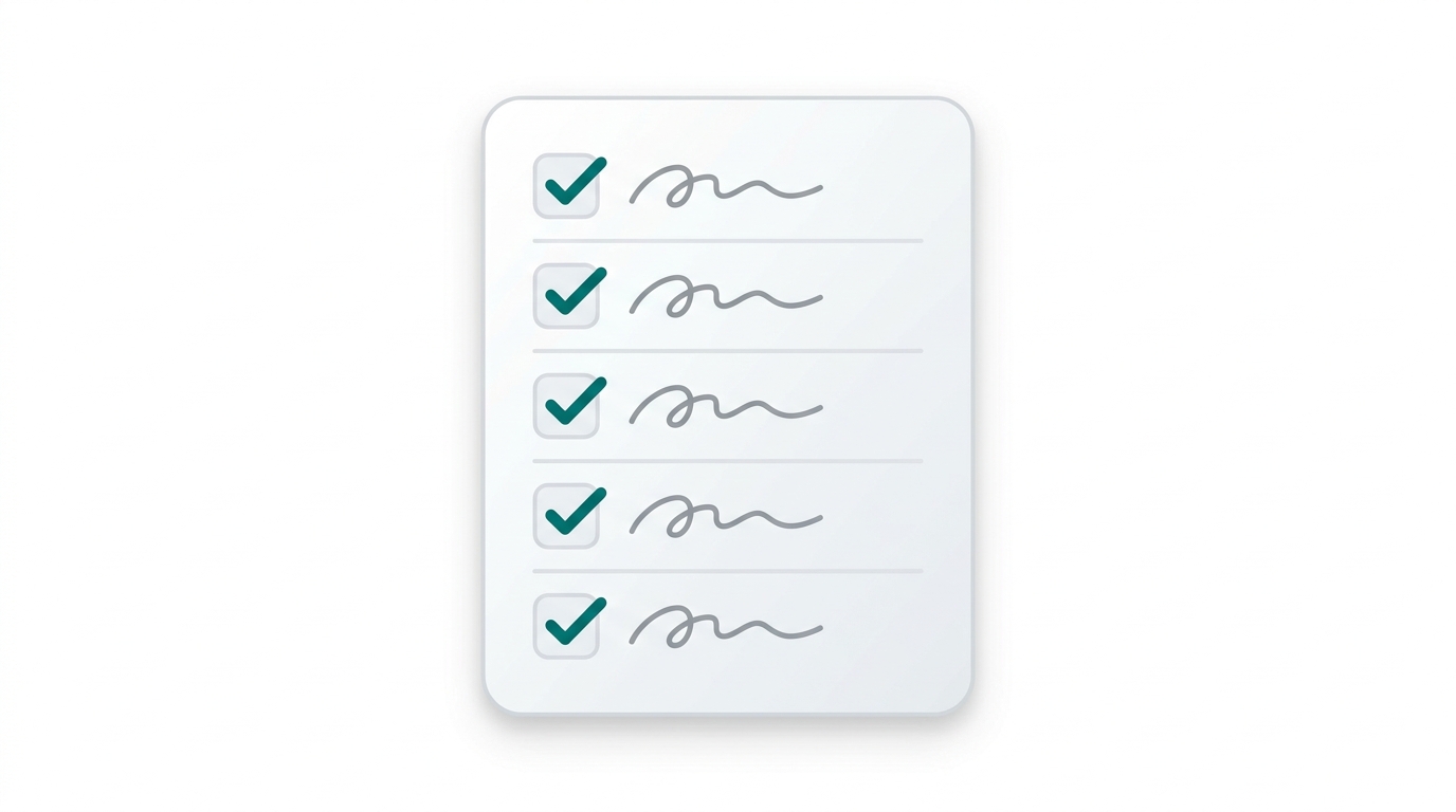 A minimal checklist card with five teal checkboxes all marked complete representing a pre-publish review sequence.