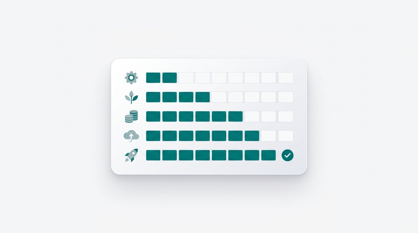 A clean scorecard panel with five rows of abstract icons and teal progress bars representing a five-dimension quality audit.