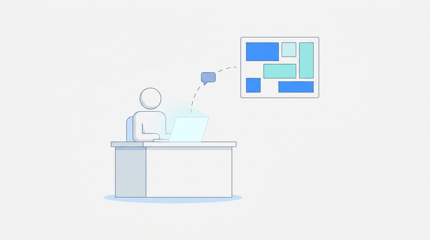 A geometric human silhouette at a laptop with a floating conversational AI response panel above, representing a natural-language competitor intelligence query.