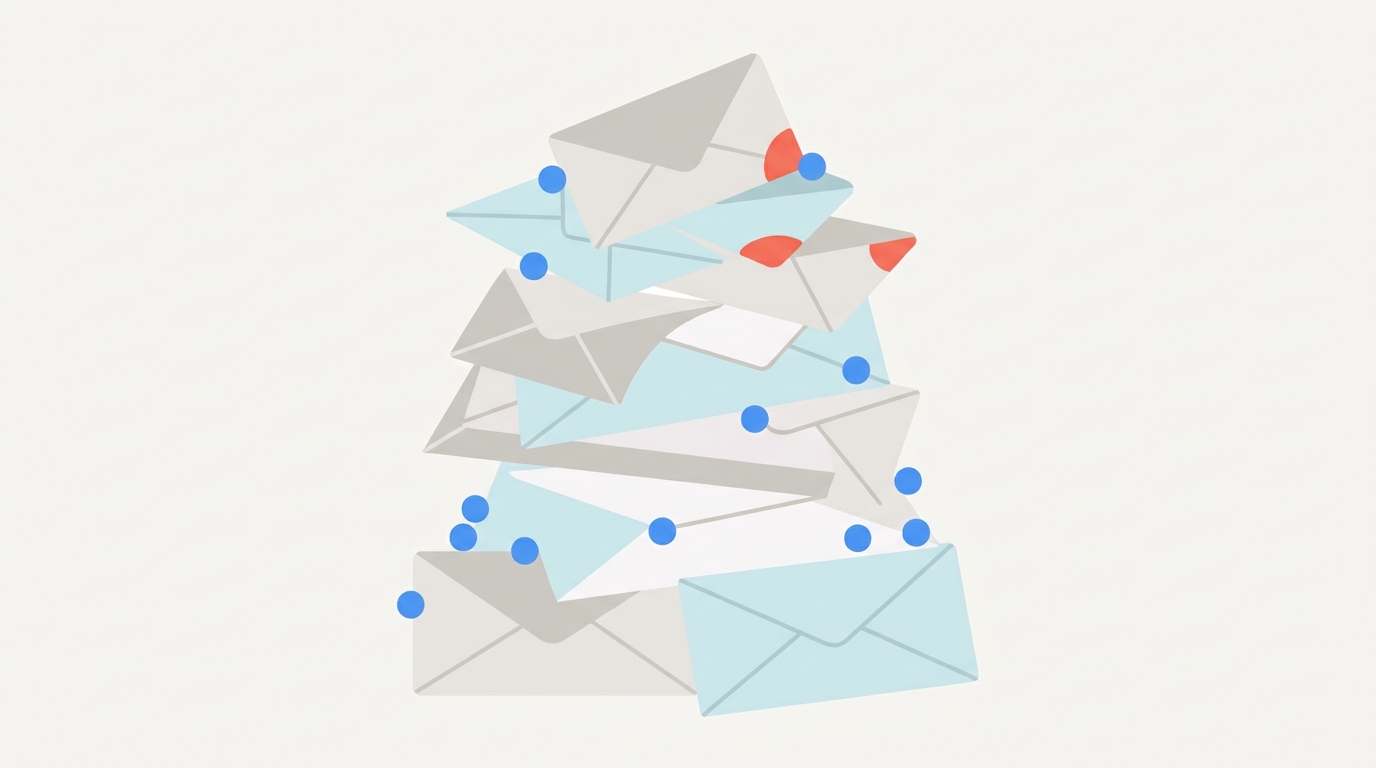A towering pile of overlapping geometric envelope shapes representing a flooded, mostly-unread automated alert inbox.