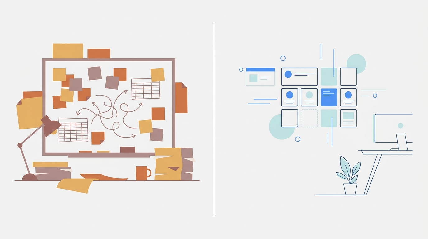 A split-panel illustration contrasting a chaotic sticky-note-covered analog workspace on the left with a clean, organized AI signal card layout on the right.