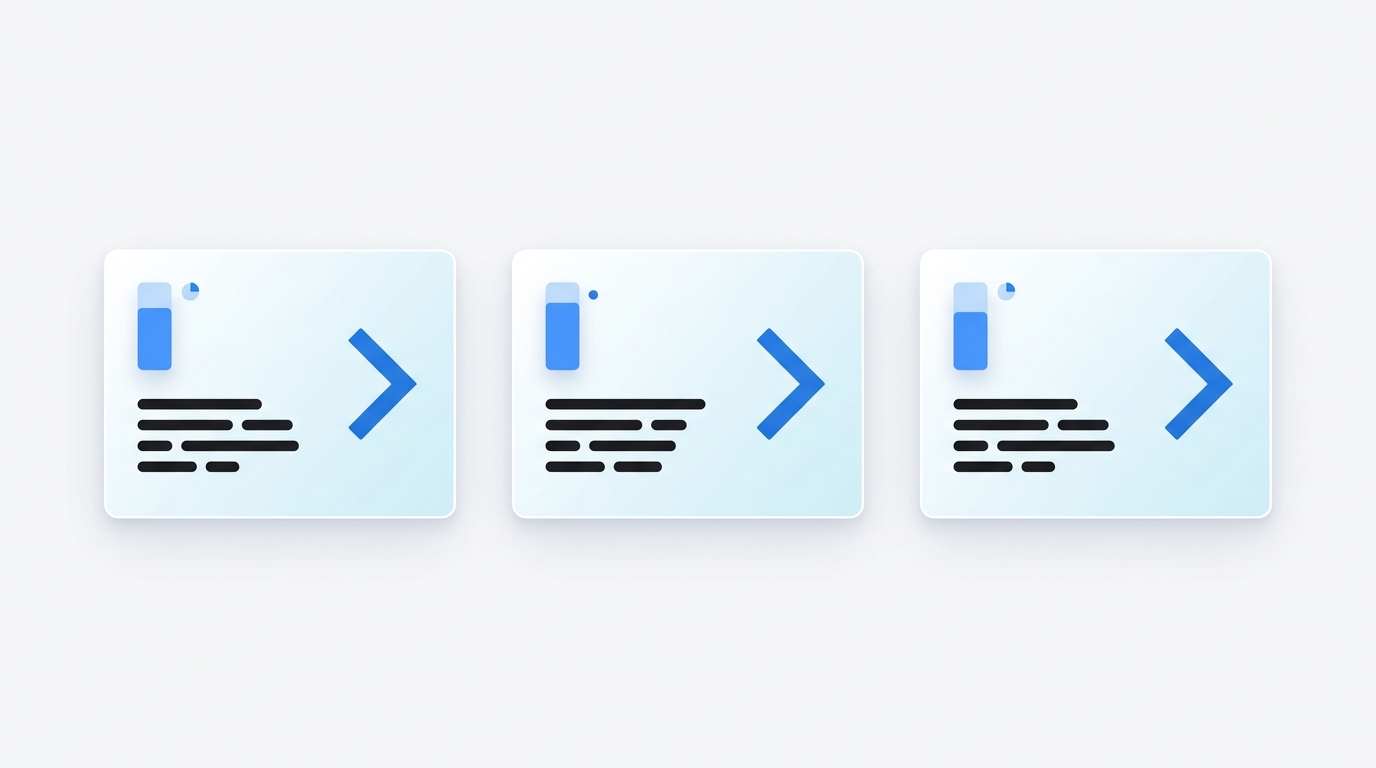 Three clean floating card shapes arranged in a row, each with abstract geometric elements representing a scored competitor signal, a summary, and a recommended action.