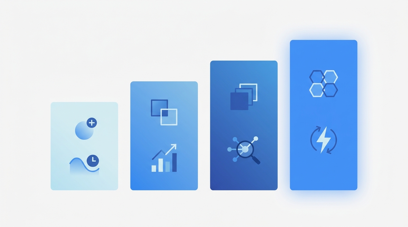 Four vertical card shapes in ascending height and color intensity representing a four-tier pricing structure from free to enterprise.