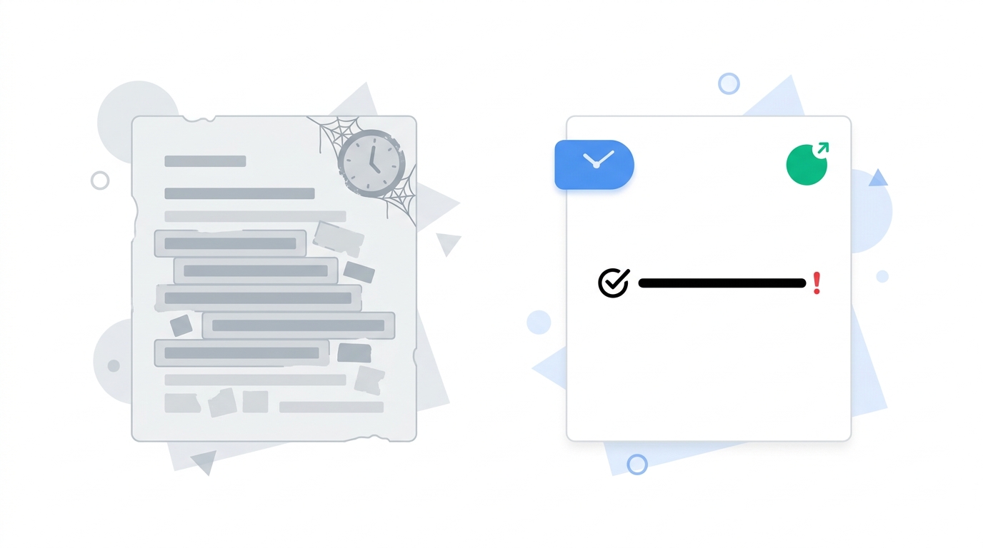 Two battle card documents side by side — a bloated outdated one on the left and a lean, timestamped, severity-scored card on the right.