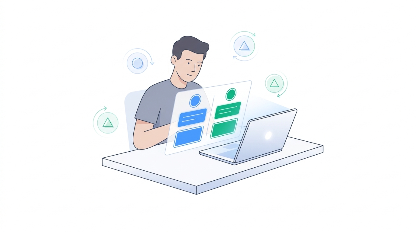 A sales professional at a laptop reviews a structured competitor battle card with color-coded comparison columns in blue and green.