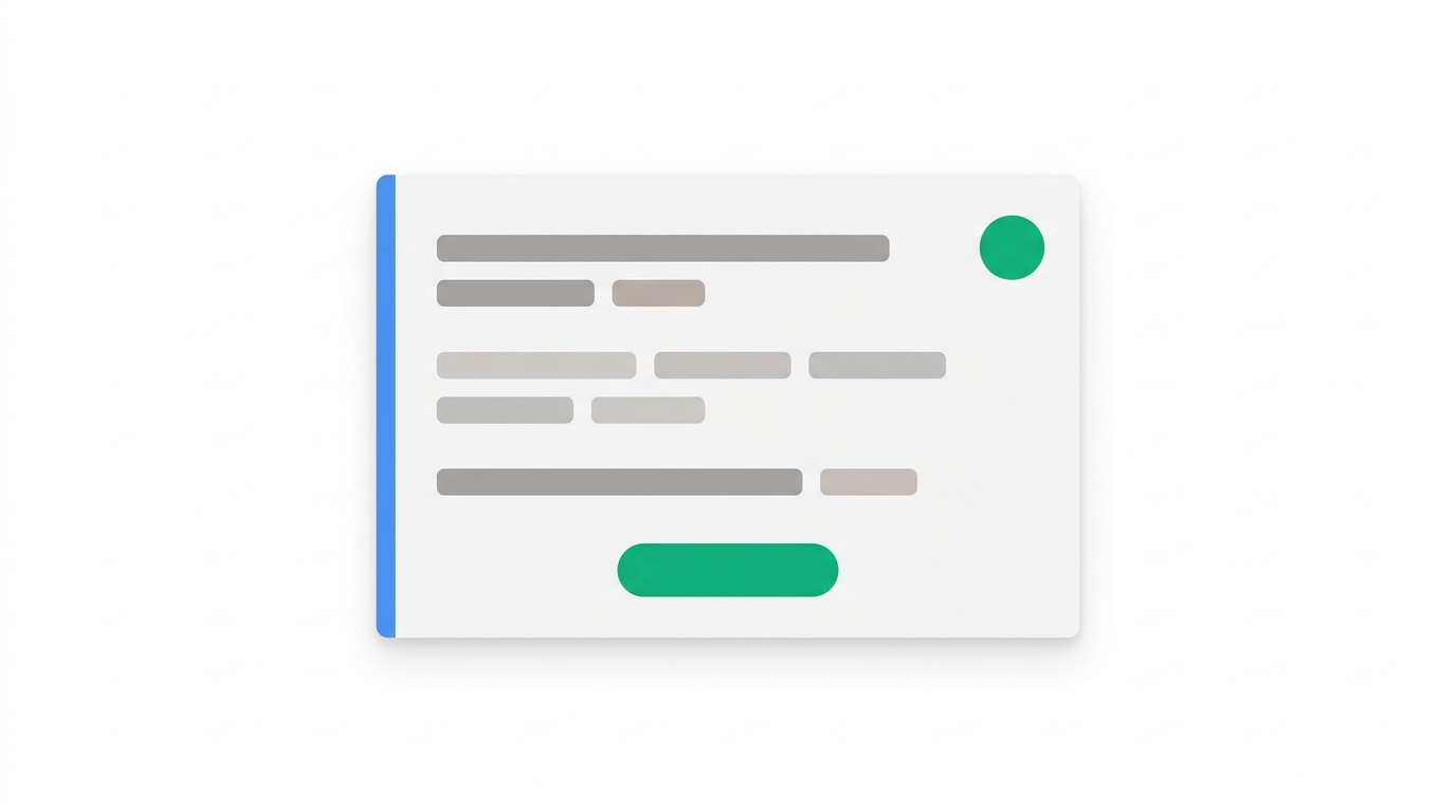 A floating intelligence summary card with a blue accent stripe, three abstract content rows, a green priority badge, and a green action button at the bottom.