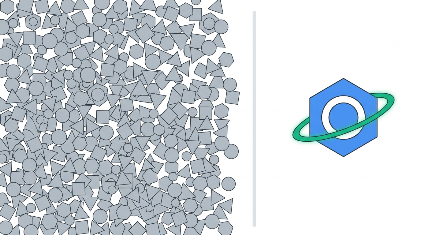 A split composition contrasting a cluttered field of gray shapes on the left representing noise with a single highlighted blue and green shape on the right representing a meaningful signal.