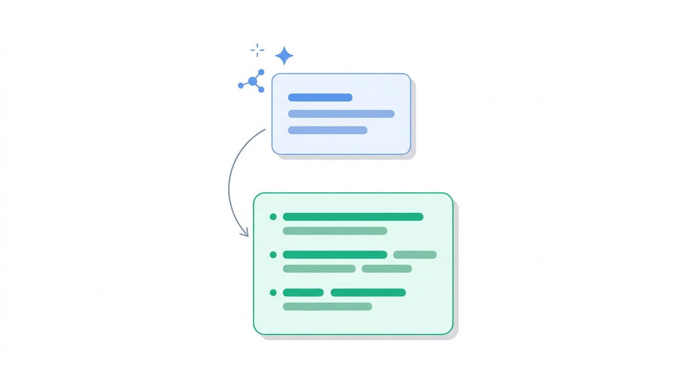 Two floating conversation cards depict a natural-language query about competitor pricing changes and a structured three-point sourced response, connected by a curved arrow.