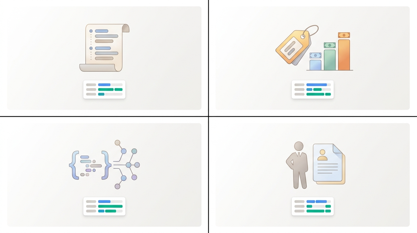 A 2x2 grid of four minimalist panels each representing a different devtools competitor tracking surface — changelog, pricing, API docs, and job postings — each paired with a small signal card.