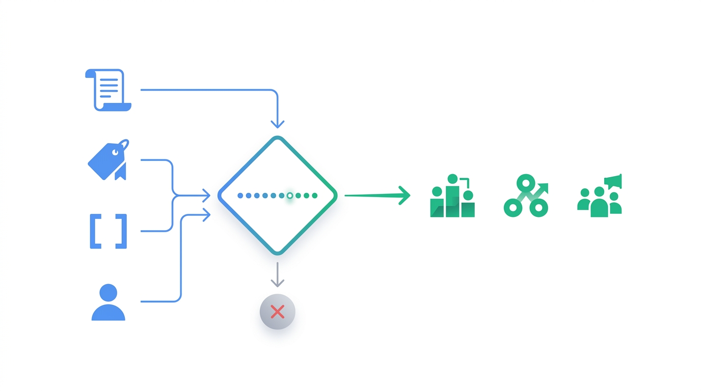 A flowchart showing four competitor URL types feeding into a scoring filter that routes high-signal changes to sales, product, and marketing team nodes while discarding low-score noise.