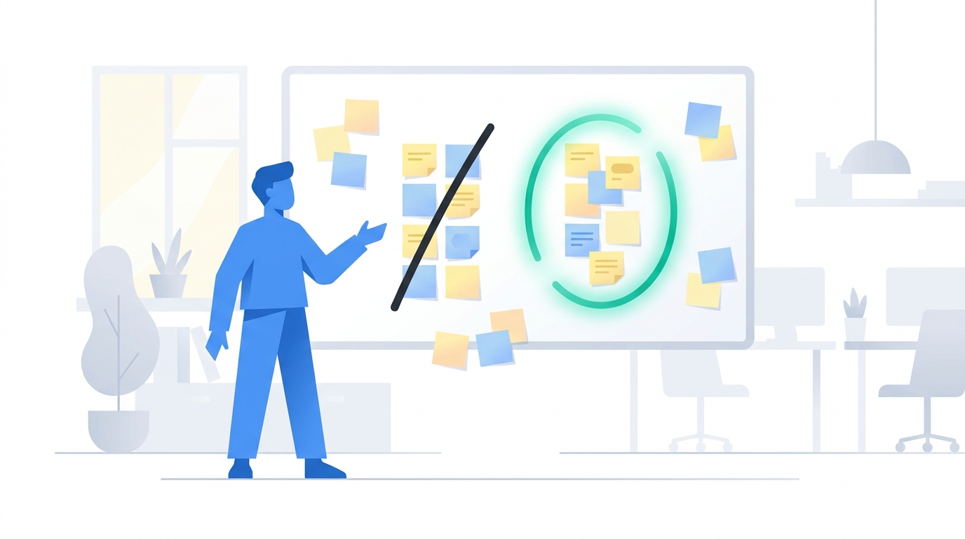 A product manager at a whiteboard crosses out a feature parity column and circles a narrative strategy column made of colorful sticky notes.