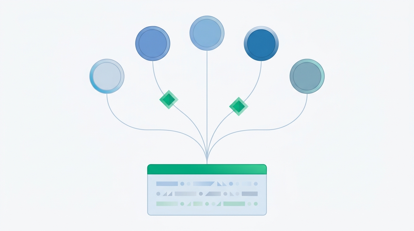 Five competitor domain nodes converge via flowing lines into a single weekly brief card, with highlighted callouts marking cross-brand pattern signals.