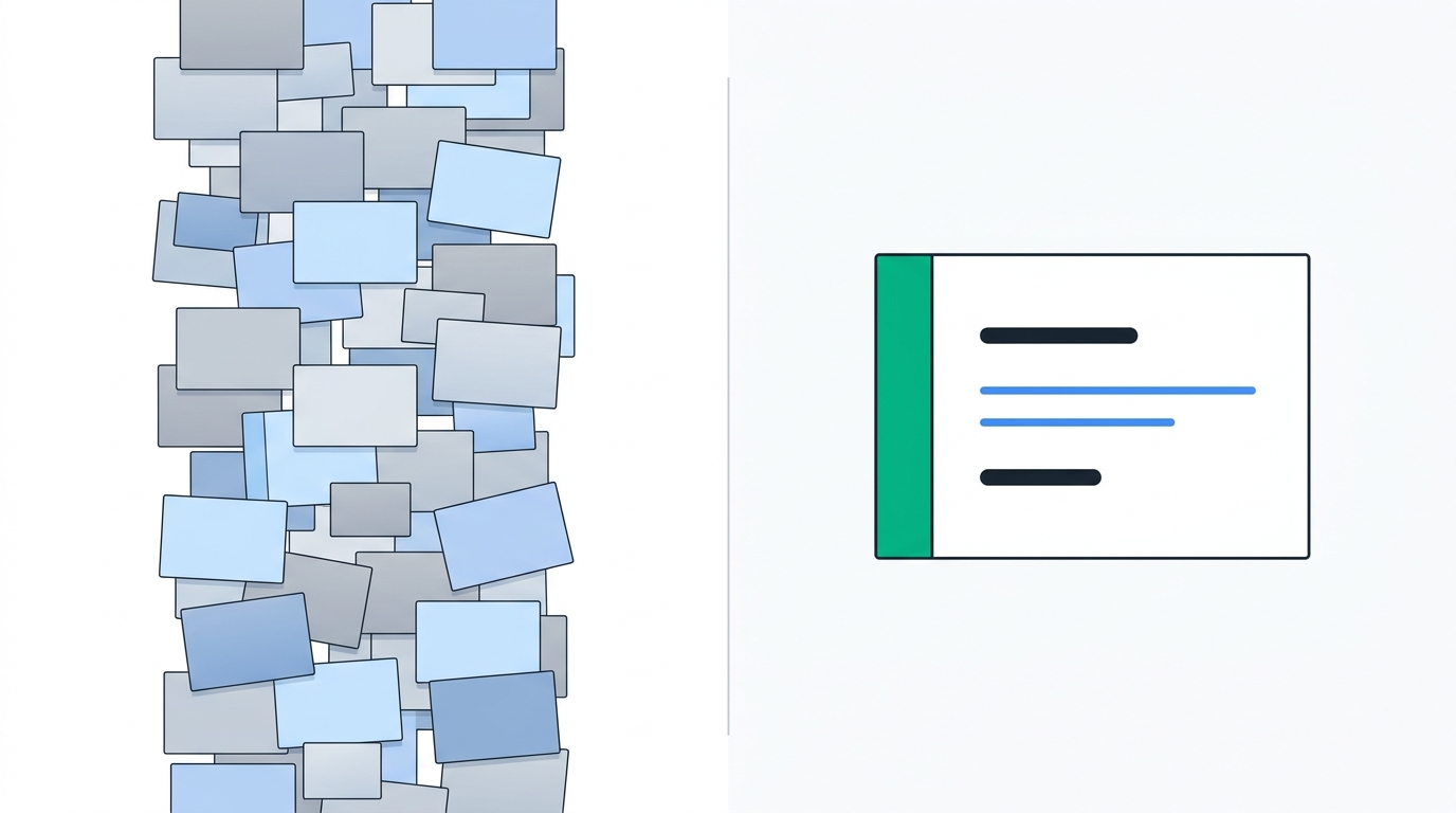Two contrasting panels show a cluttered feed of minor change alerts on the left versus a single clean, structured intelligence card on the right.
