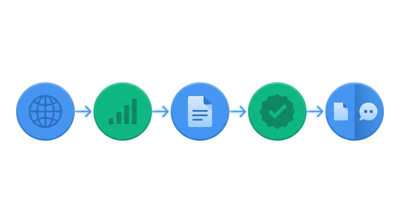 A five-node horizontal flowchart showing the pipeline from competitor domain monitoring through signal scoring, summary generation, approval, and final page update with sales notification.