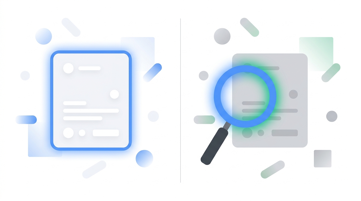 A split-screen flat illustration showing two abstract product cards side by side, with a magnifying glass examining the competitor's side.