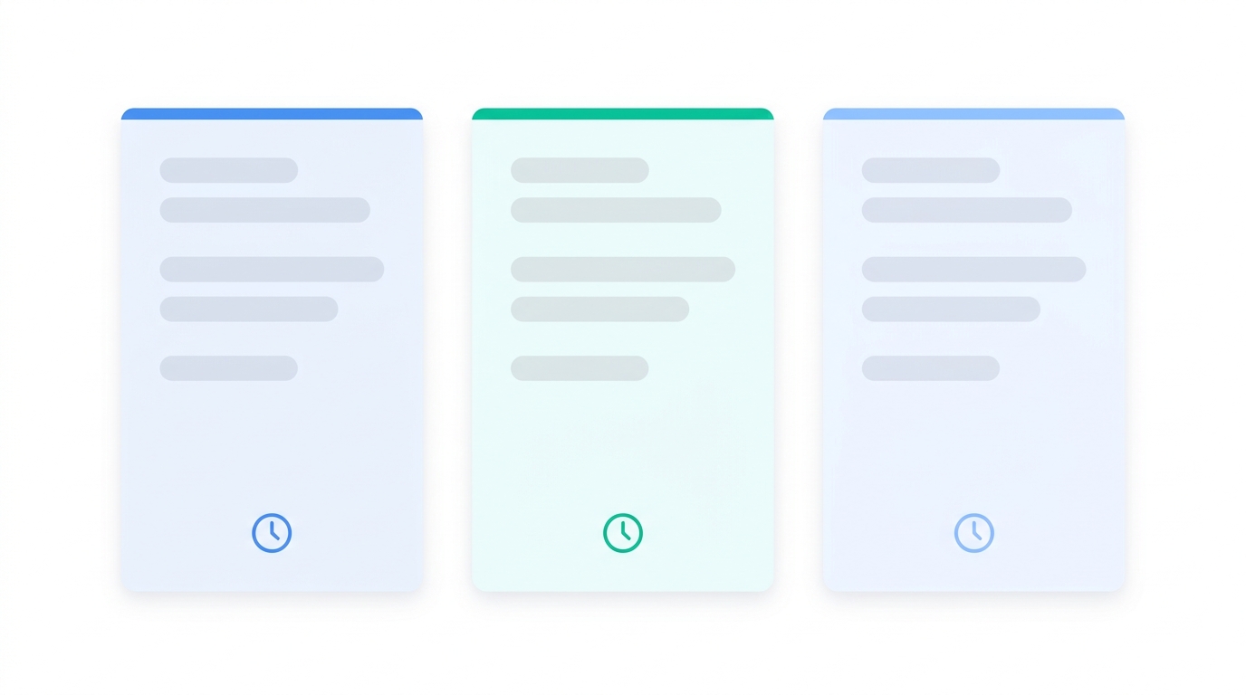 Three side-by-side abstract workspace panels each containing a competitor list and a timestamp clock icon, representing a multi-brand competitive intelligence dashboard.