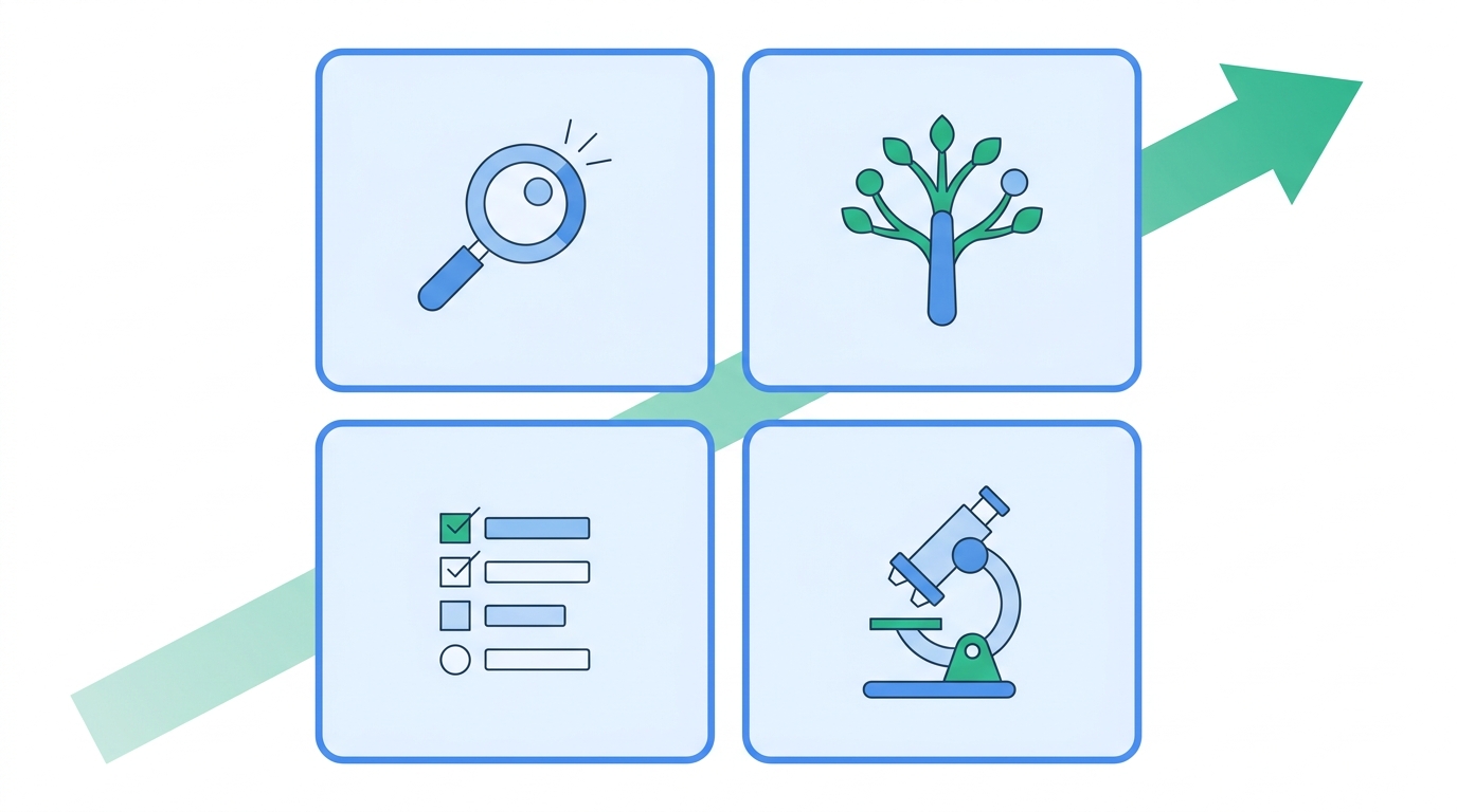 A 2x2 grid of four geometric cards with abstract icons representing different comparison page archetypes, overlaid on a diagonal axis arrow.