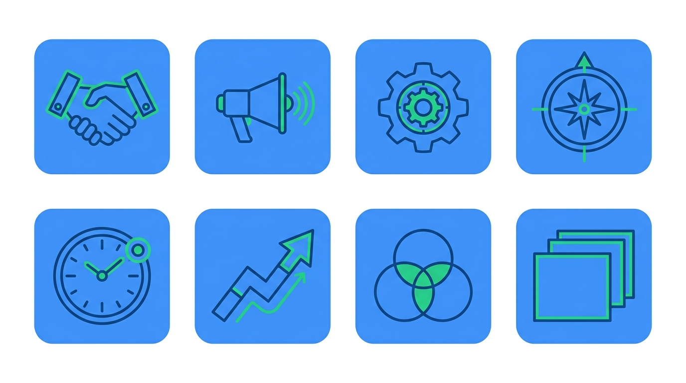 A symmetrical grid of eight geometric icon cards pairing four stakeholder roles with their corresponding question types.