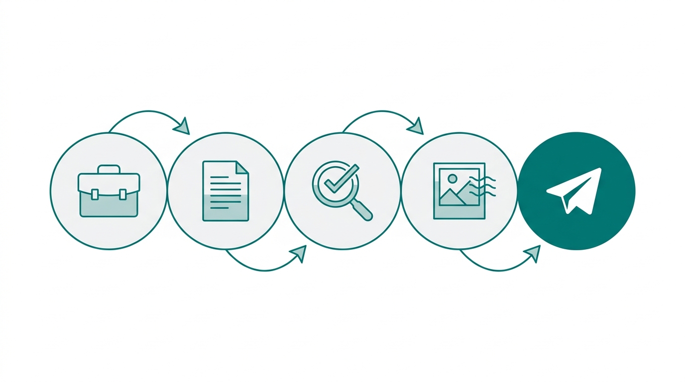 Five connected stages in a content pipeline flowing from brief to draft to fact-check to illustration to publish.