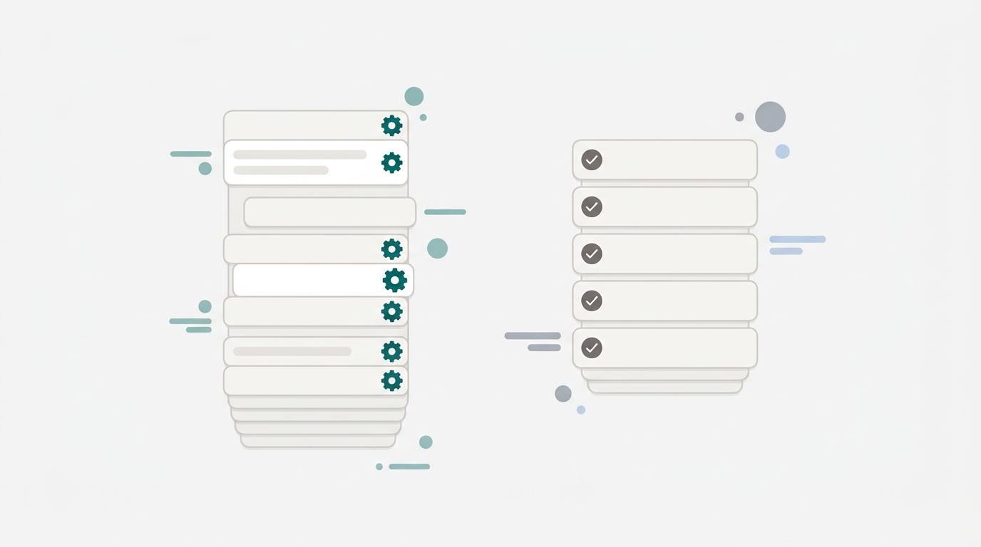 Two contrasting stacks of feature cards floating side by side, one taller and complex, the other shorter and simple.