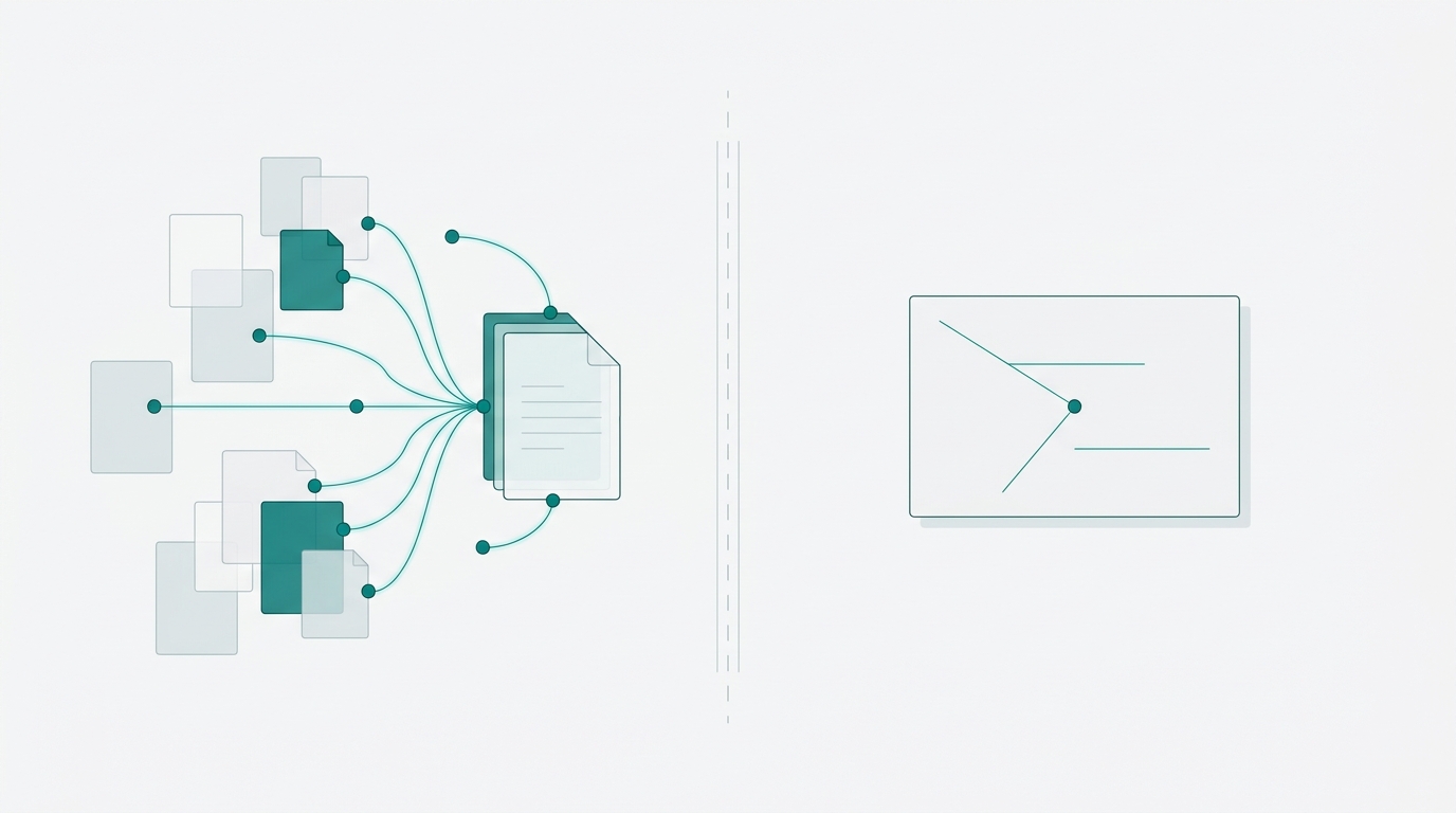Abstract parallel workspaces contrasting a research-heavy document system with a minimal draft editor, connected by geometric shapes and flowing lines.