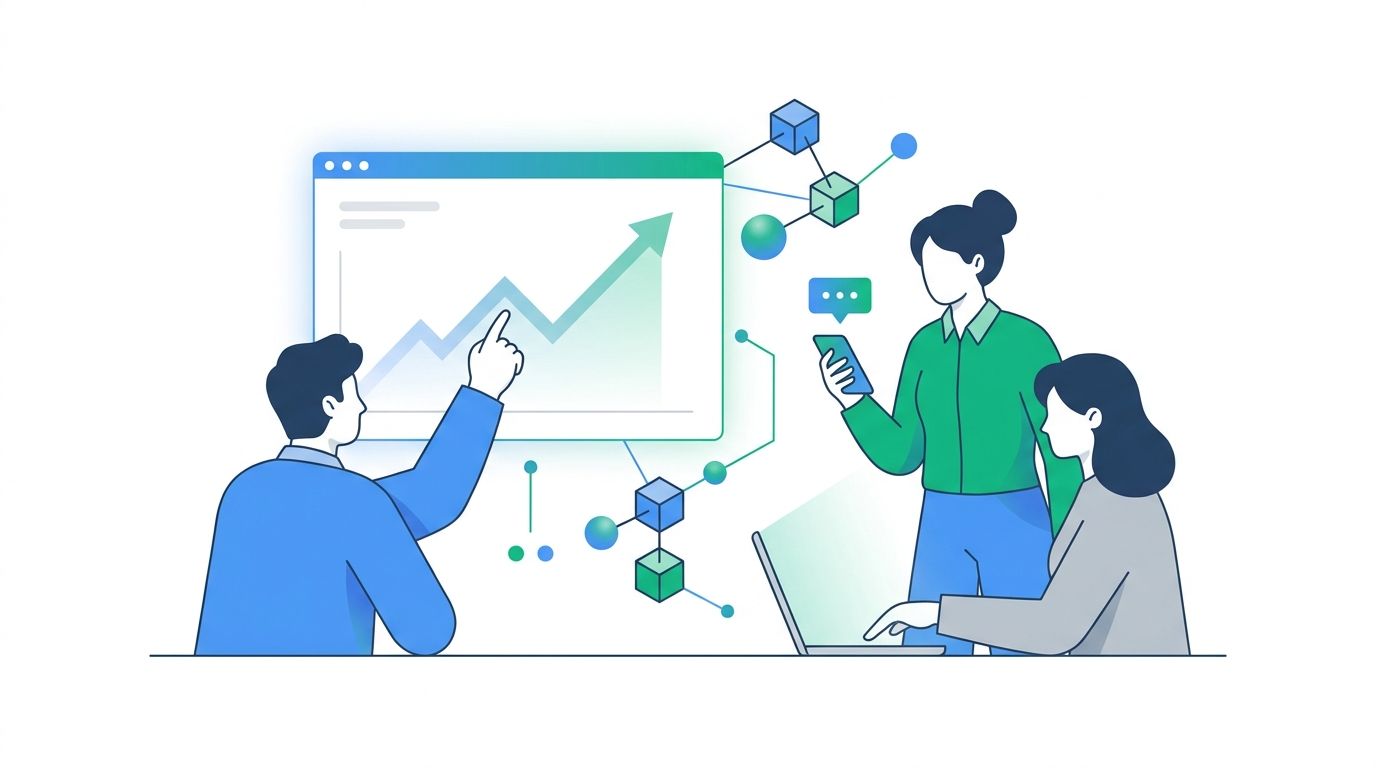 A SaaS team collaboratively reviewing competitor pricing changes on screens with data flowing between devices.