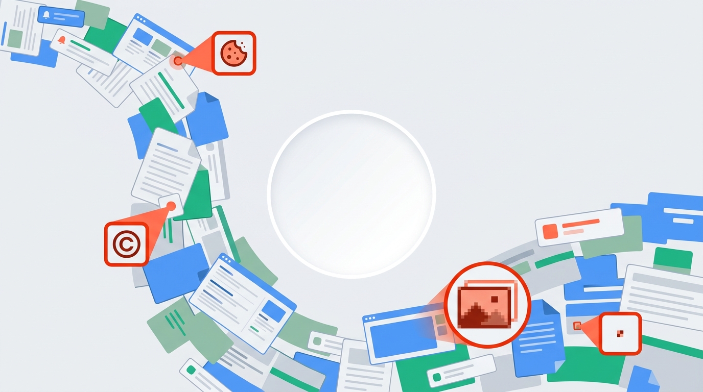 A cluttered cascade of trivial competitor changes like cookie banners and footer dates overwhelming the viewer.