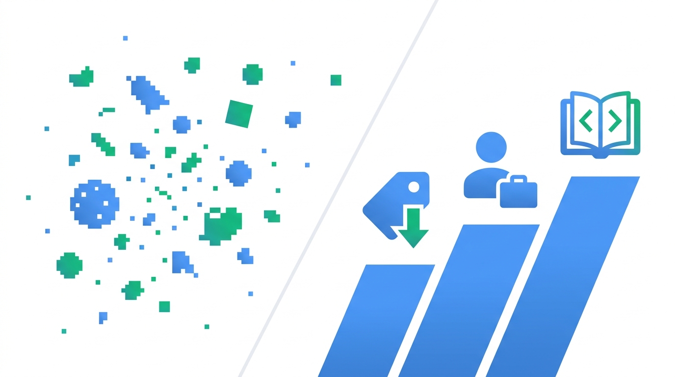 A divided scene contrasting trivial noise on one side with meaningful competitor signals like pricing drops and executive hires on the other.