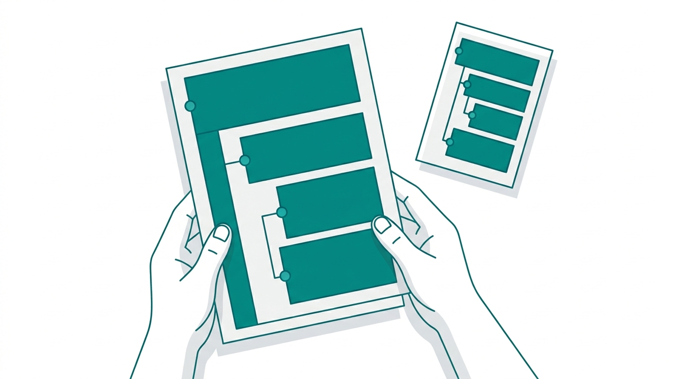 Hands holding a structured document outline with citation nodes connected to each heading level